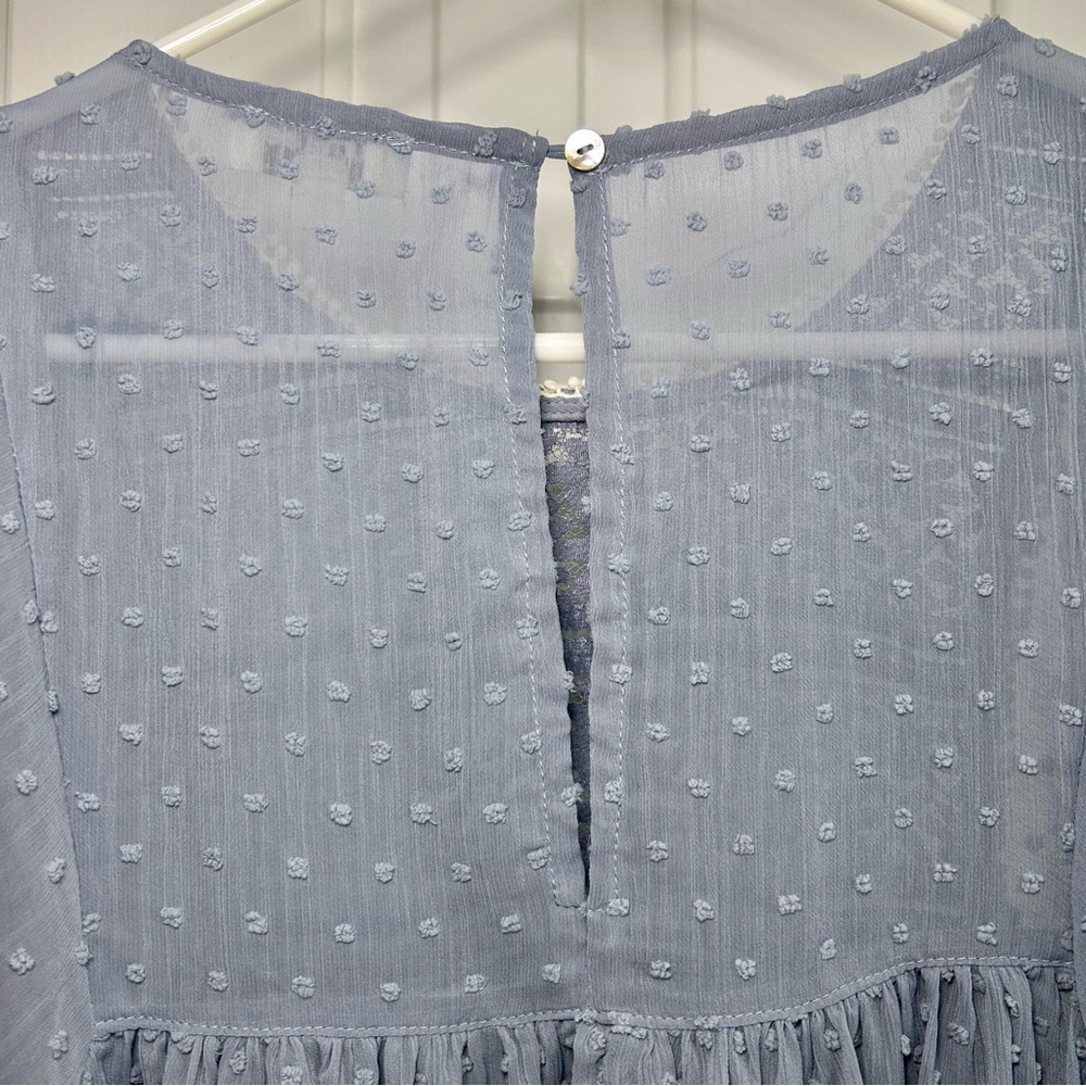 Umgee Blue Sheer Swiss Dot Lace Trim Balloon Sleeve Cottagecore Blouse Sz Medium - Picture 6 of 16